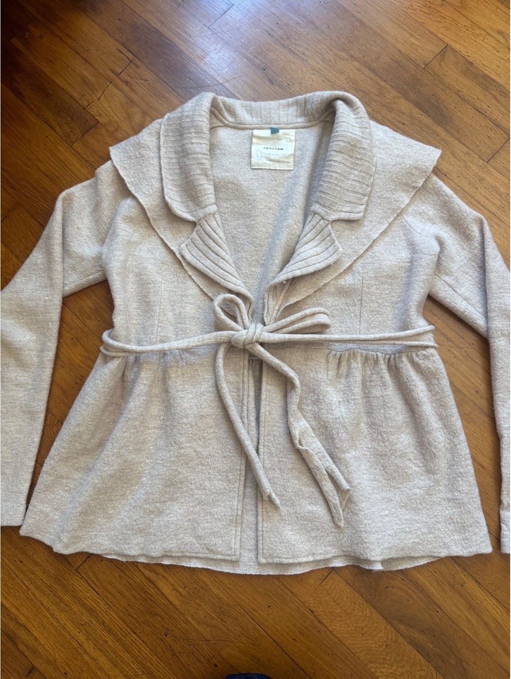 Sparrow Anthropologie Cream 100% Merino Wool Ruffle Peplum Cardigan Sweater